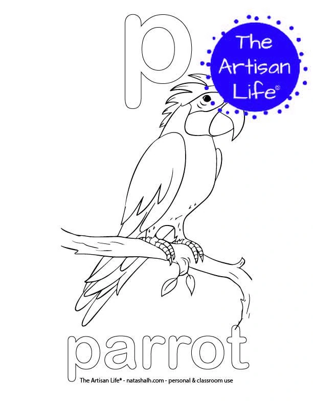 Coloring page with a lowercase bubble letter p and parrot in bubble letters and a picture of a parrot to color