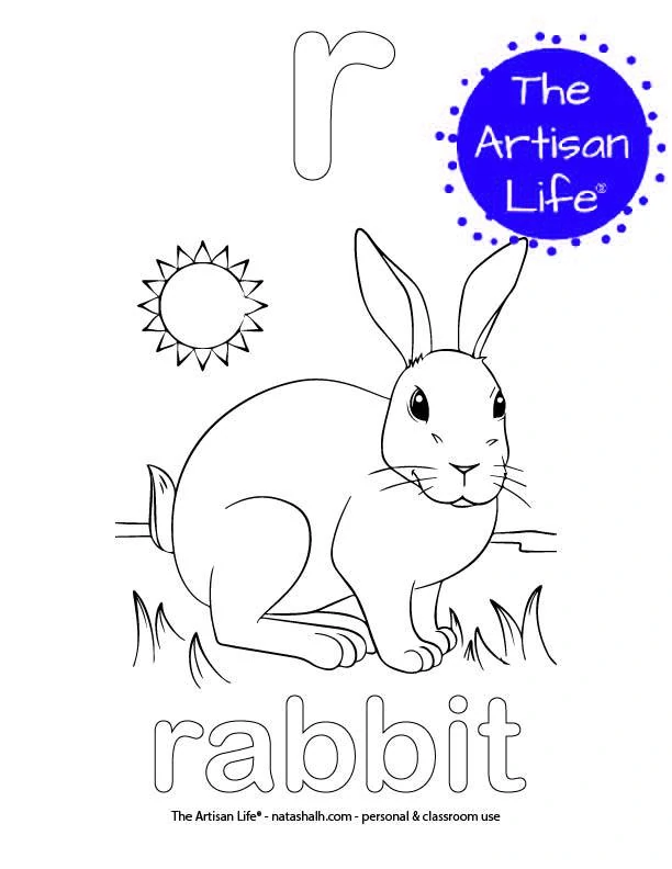 Coloring page with a lowercase bubble letter r and rabbit in bubble letters and a picture of a rabbit to color