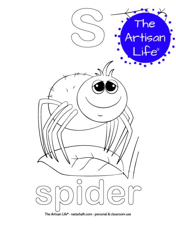 Coloring page with a lowercase bubble letter s and spider in bubble letters and a picture of a spider to color