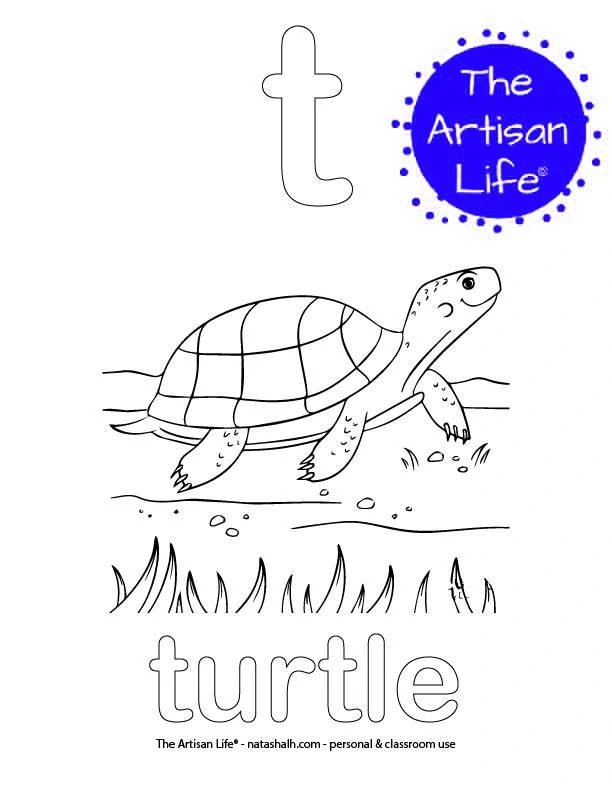 Coloring page with a lowercase bubble letter t and turtle in bubble letters and a picture of a turtle to color