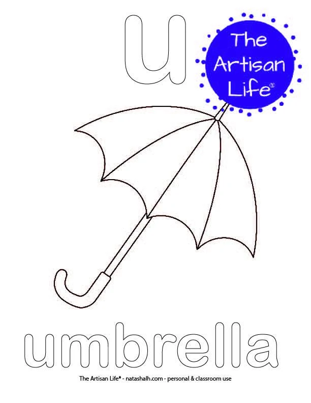 Coloring page with a lowercase bubble letter u and umbrella in bubble letters and a picture of an umbrella to color