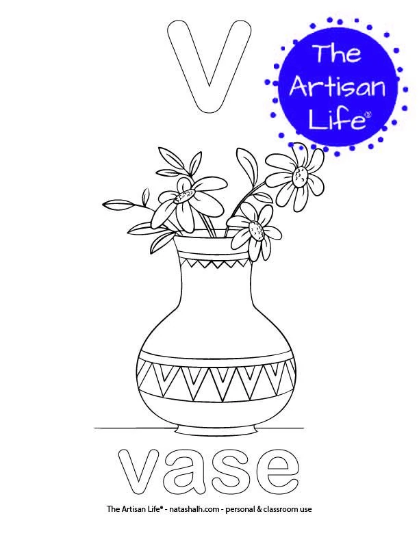 Coloring page with a lowercase bubble letter v and vase in bubble letters and a picture of a vase to color
