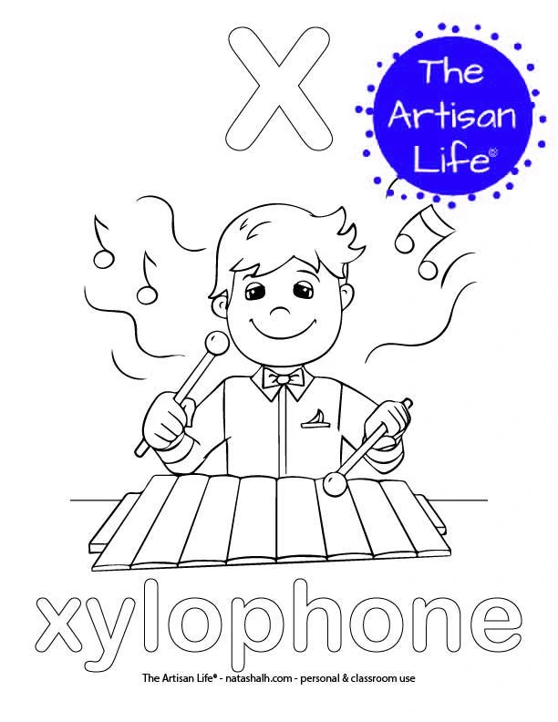 Coloring page with a lowercase bubble letter x and xylophone in bubble letters and a picture of a xylophone to color