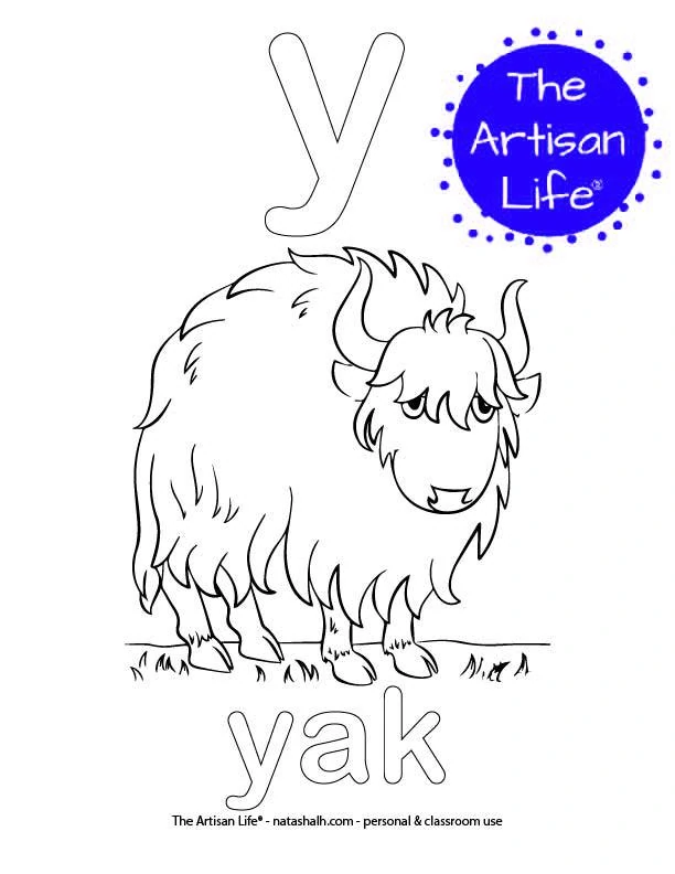 Coloring page with a lowercase bubble letter y and yak in bubble letters and a picture of a yak to color