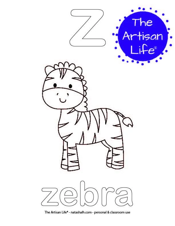 Coloring page with a lowercase bubble letter z and zebra in bubble letters and a picture of a zebra to color