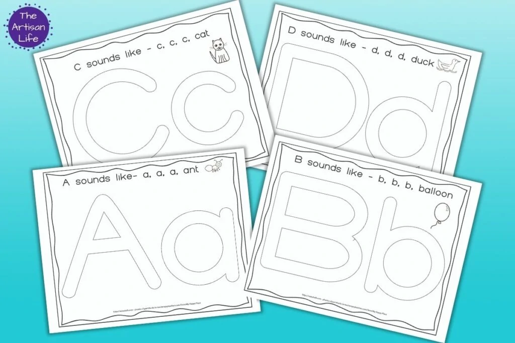 A preview of four printable play dough alphabet mats - letters a, b, c, and d. each mat has the letter in uppercase and lowercase large bubble letters to fill in with play dough and a picture representing the phonetic sound of the letter.