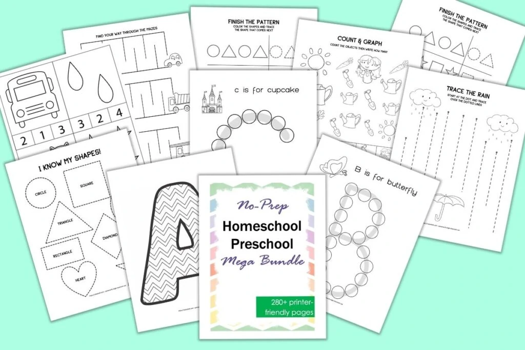 A preview of 11 printable preschool worksheets on a light green background. Printables include alphabet coloring pages, complete the sequence, do a dot alphabet pages, and fine motor tracing pages