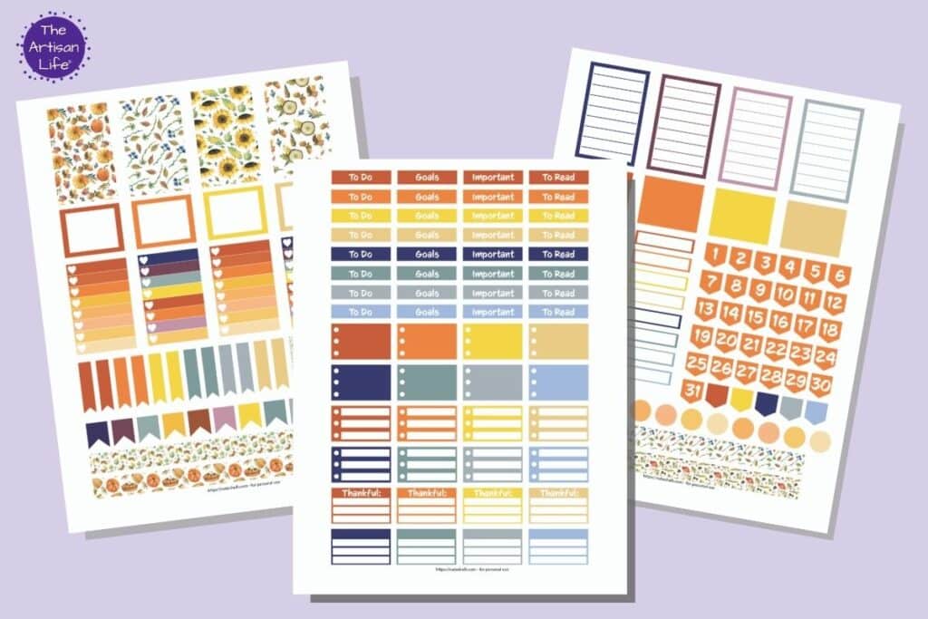 Three printable sticker sheets in fall colors for the Happy Planner Classic. The printables are mocked up with faux drop shadows on a light purple background. 