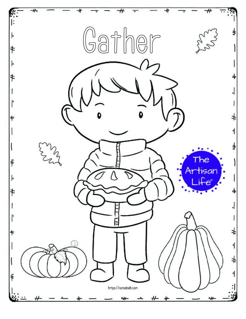 A printable thanksgiving coloring page with a boy holding a pumpkin pie and the text "Gather"