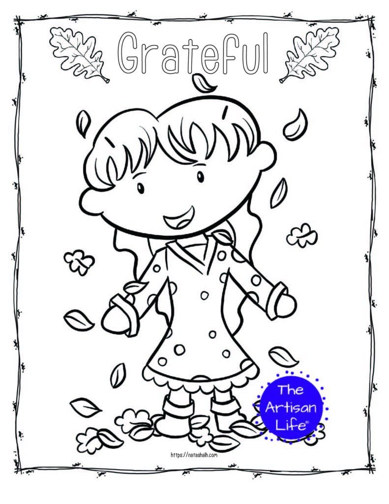 A printable thanksgiving coloring page with a girl playing in leaves and the text "grateful"