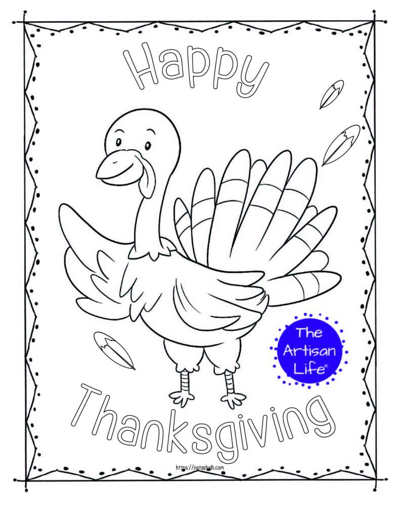 A printable thanksgiving coloring page with a waving turkey and the text "Happy Thanksgiving" in bubble letters to color