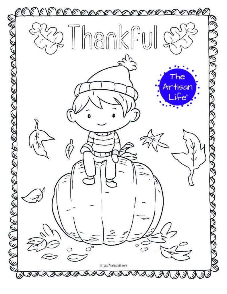A printable thanksgiving coloring page with a boy sitting on a pumpkin and the text "thankful" above