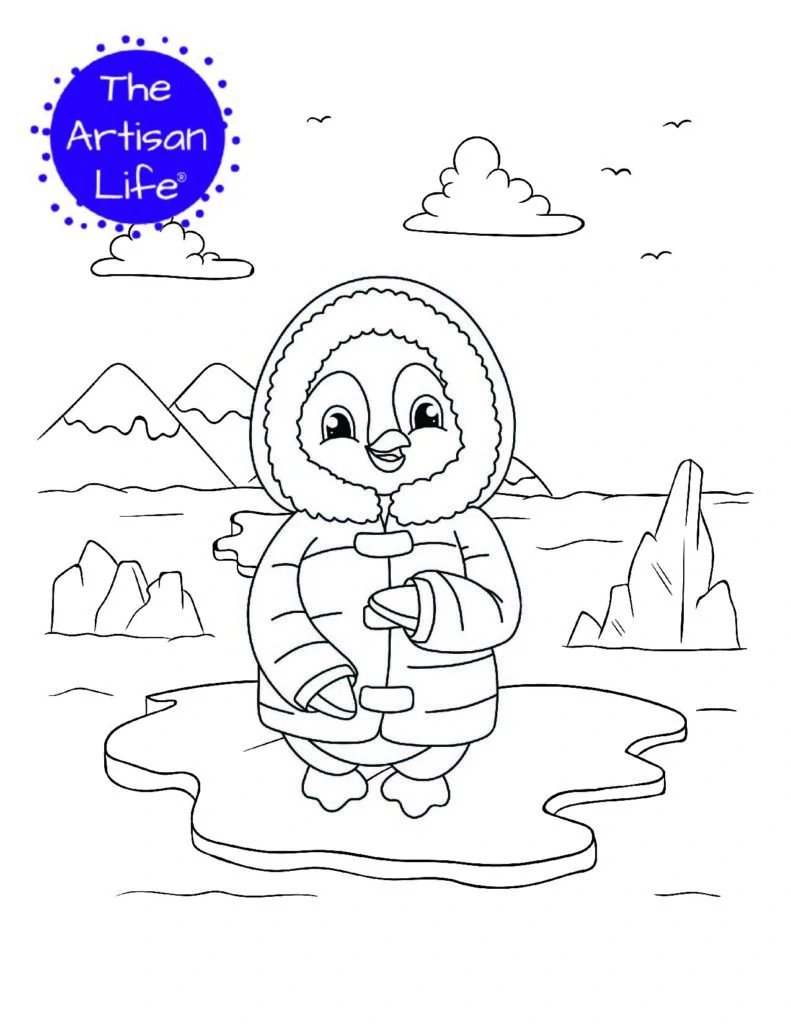 A coloring page with a cute penguin wearing a parka on an iceberg