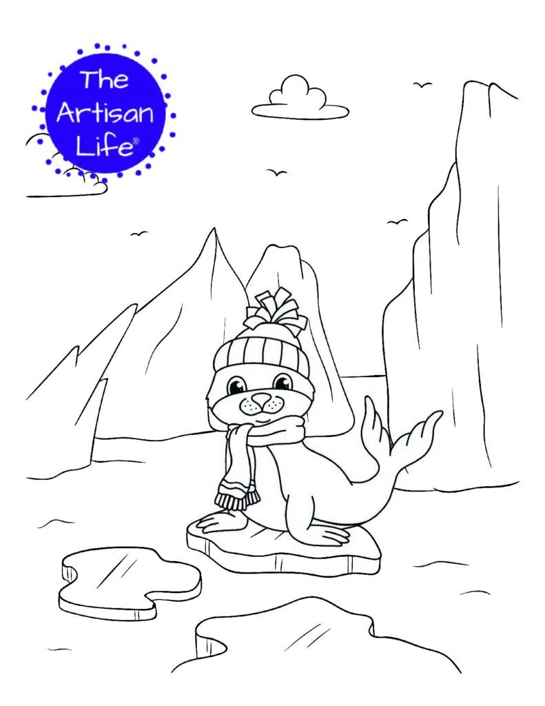 a coloring page with a seal wearing a hat and scarf on an iceberg. Additional icebergs are visible in the background.