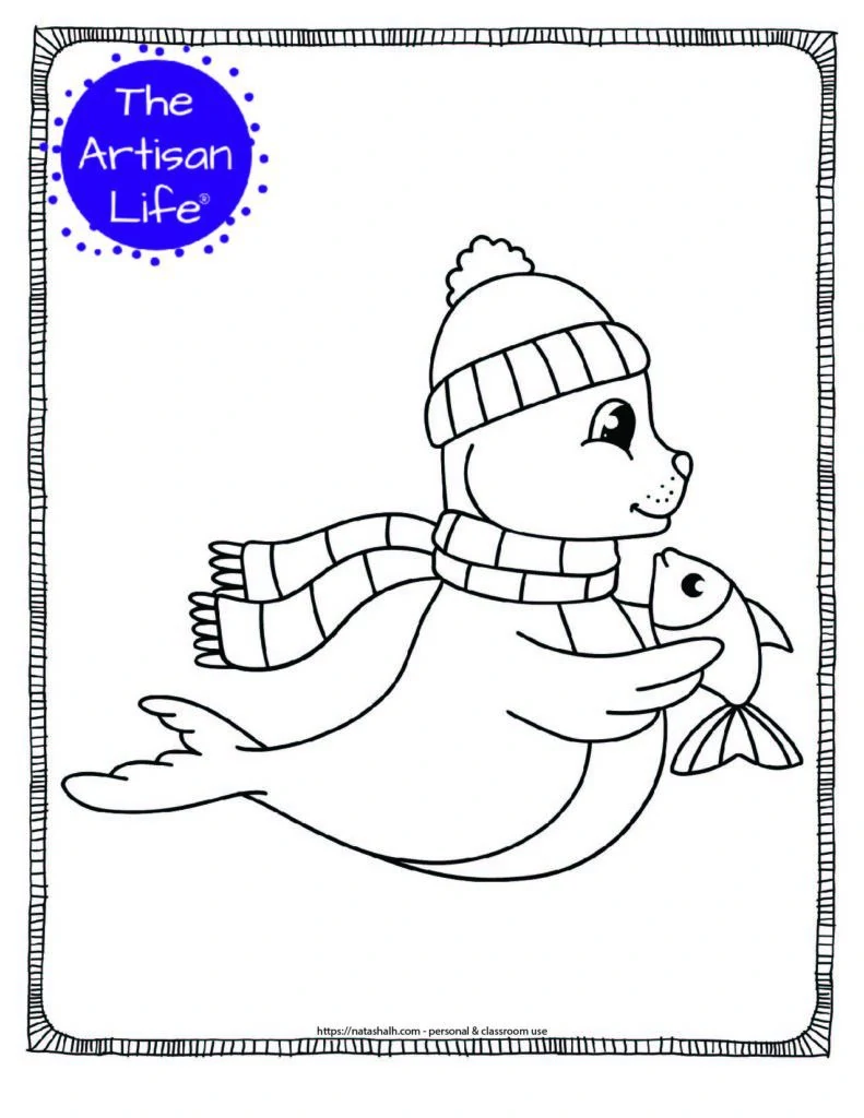 a coloring page with a cute seal wearing a hat and scarf holding a fish