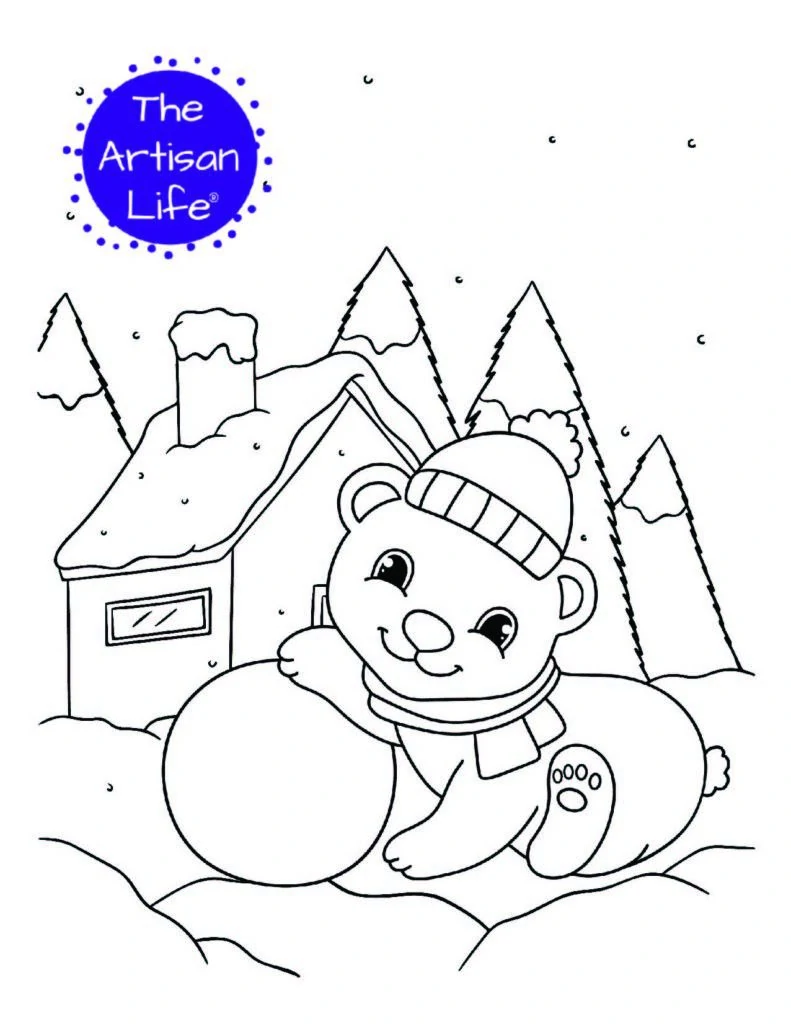 a coloring page with a baby polar leaning on a snowball. A house and snowy trees are in the background.