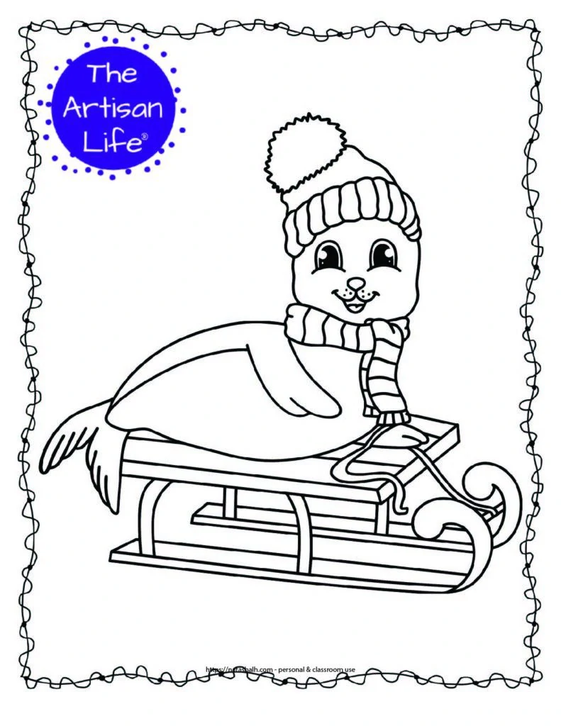 cute seal on a sled coloring page with doodle frame