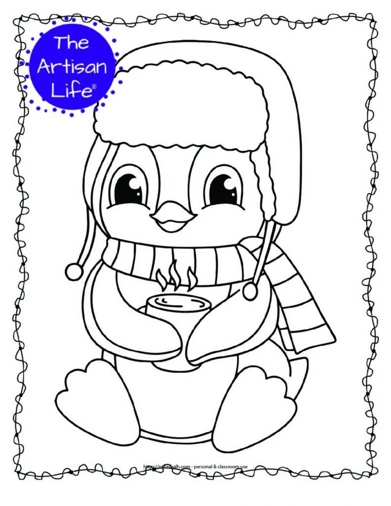 A coloring page with a cute penguin wearing an ear flap hat and scarf holding hot chocolate