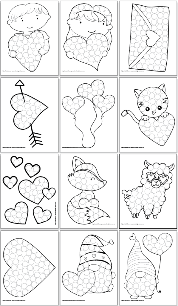 
A Valentine envelope
A heart with an arrow
Three heart balloons
A cat with a heart
Several hearts on one page
A Valentine fox
A cute Valentine llama
A large heart
A Valentine gnome with a heart
A Valentine gnome with a balloon