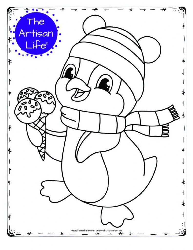 A coloring page with a penguin wearing a hat and scarf holding an ice cream cone