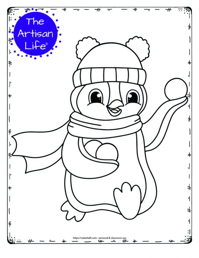 cute coloring page with a penguin throwing a snowball