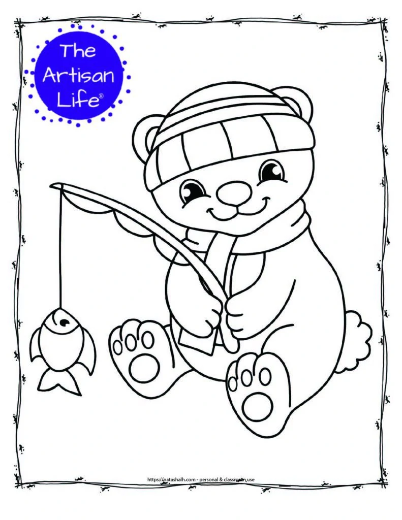 a coloring page with a cute polar bear wearing a hat and scarf using a fishing bowl to catch a fish