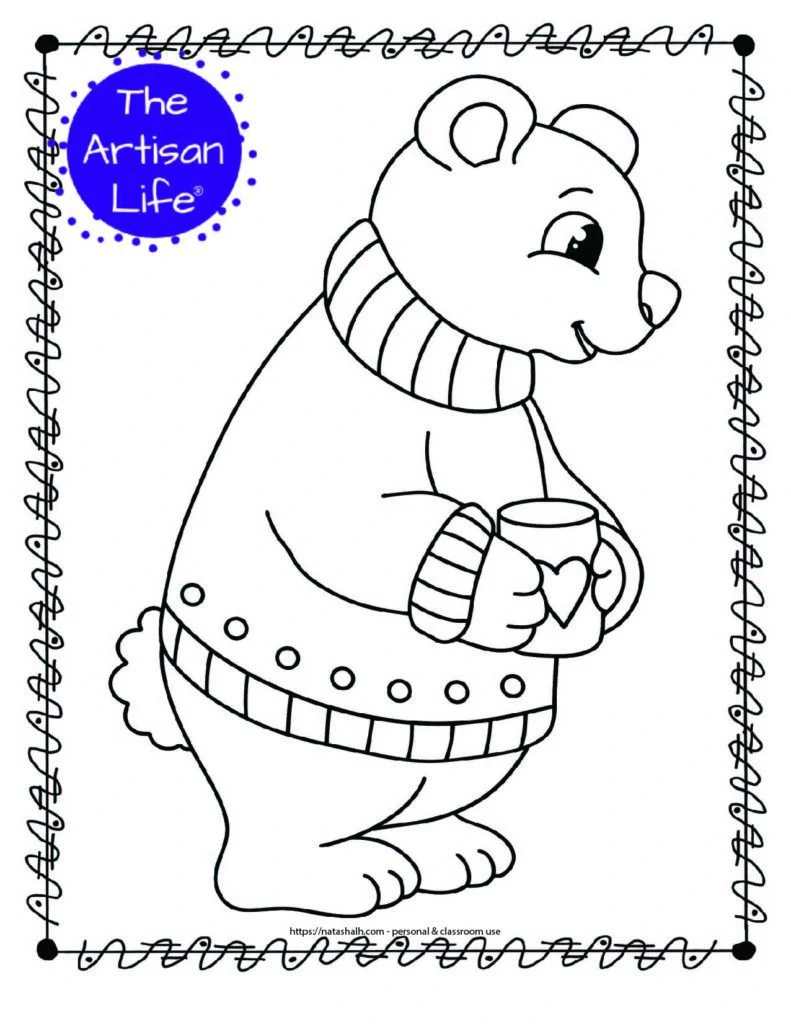A coloring page with a polar bear wearing a sweater holding a cup of hot chocolate