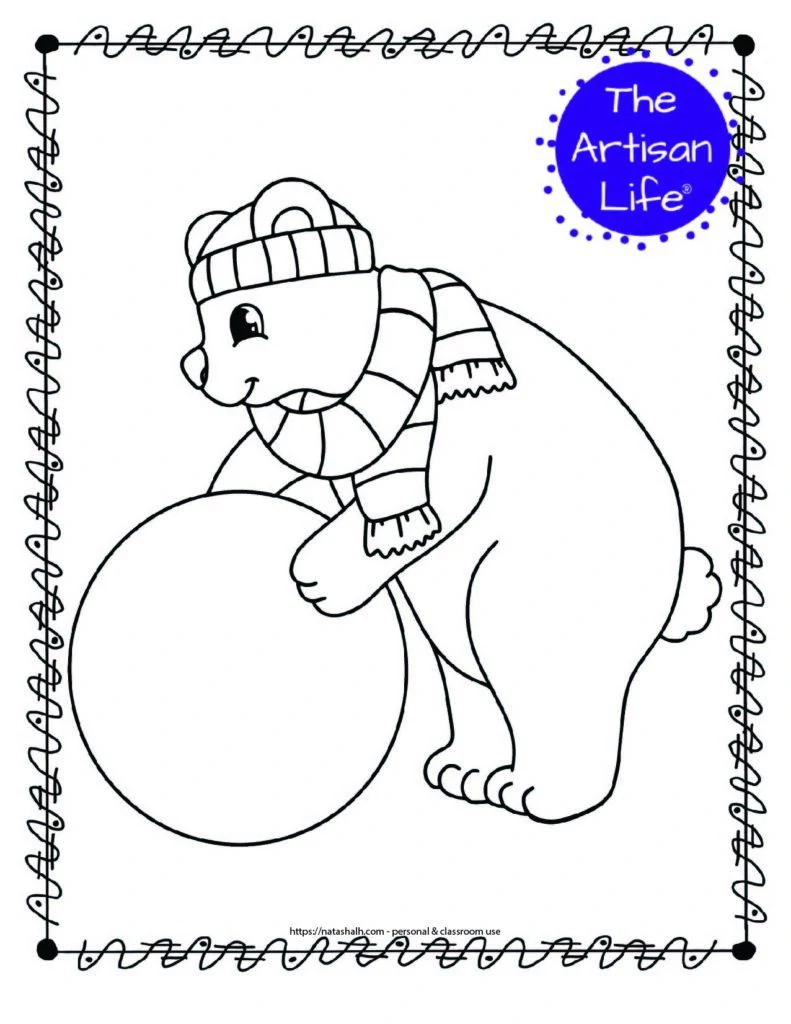 a coloring page with a polar bear rolling a large snowball