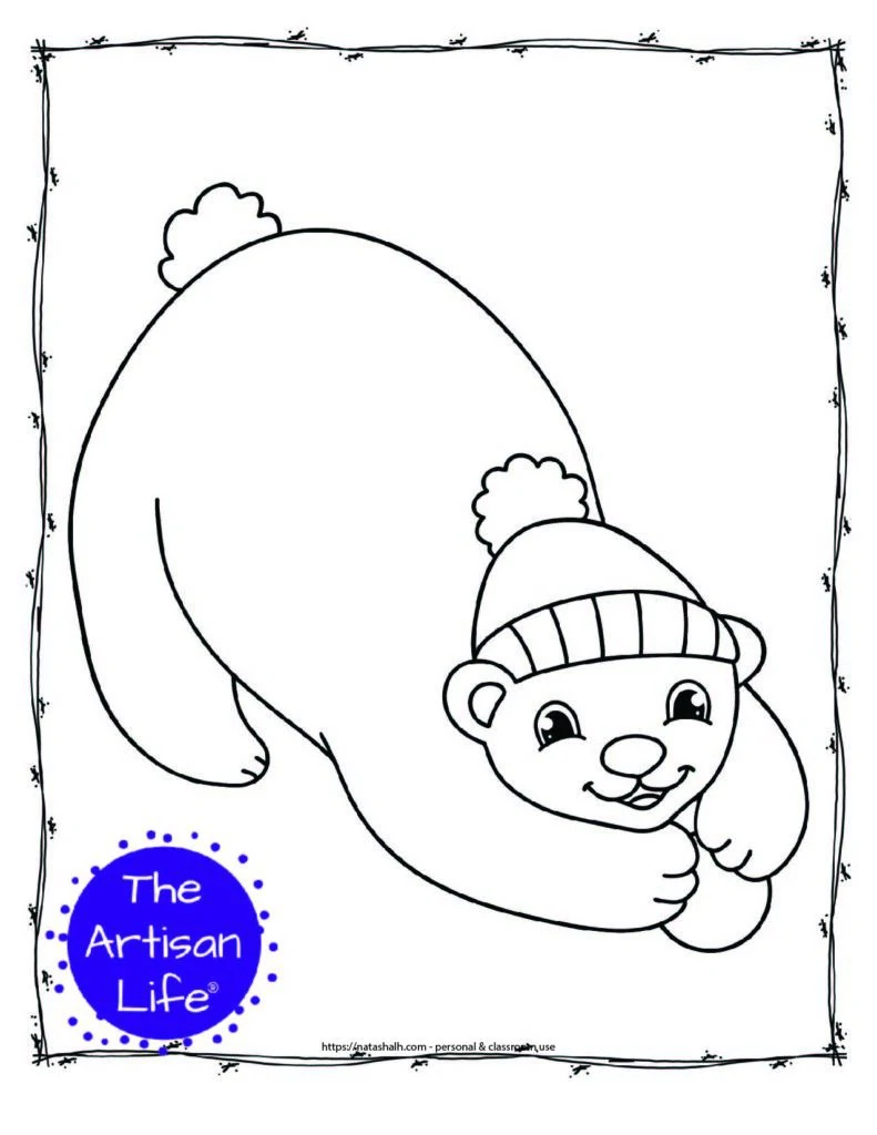 a coloring page with a polar bear wearing a hat with a small snowball in its paws