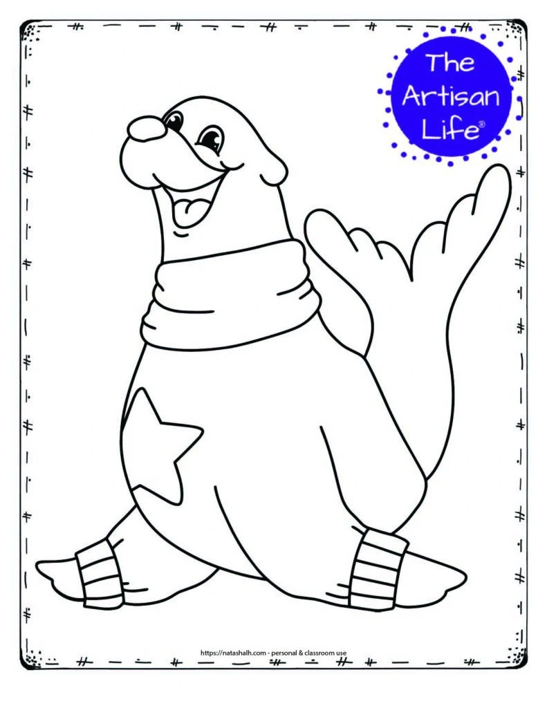 A coloring page with a large seal wearing a sweater with a star on the chest