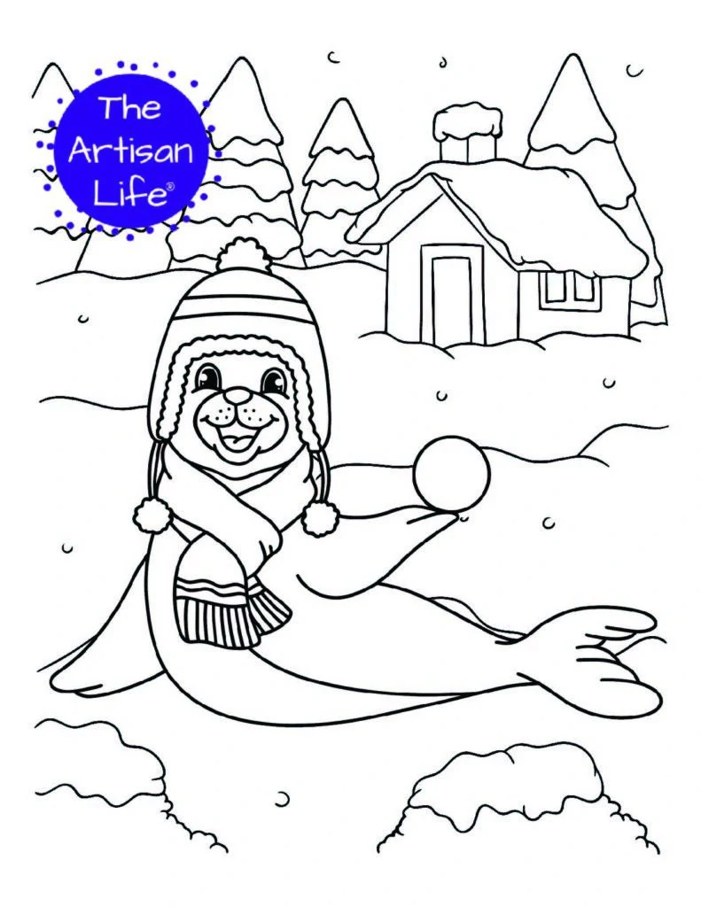 a coloring page with a seal wearing a hat and scarf holding a snowball. Behind is a scene with snowy trees and a house.