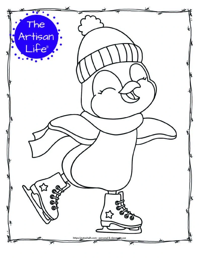 a coloring page with a happy ice skating penguin wearing a scarf and toboggan hat