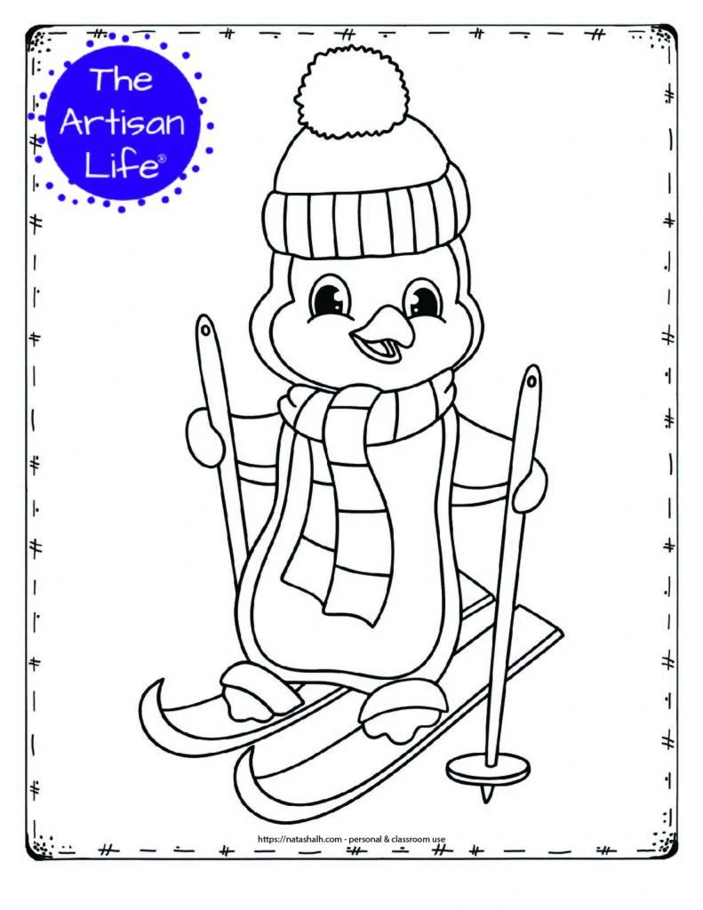 a cute coloring page with a skiing penguin. The penguin is wearing a scarf and toboggan hat.
