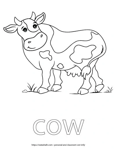 A child's coloring page with an image of a spotted cow and the word "cow" in bubble letters to color