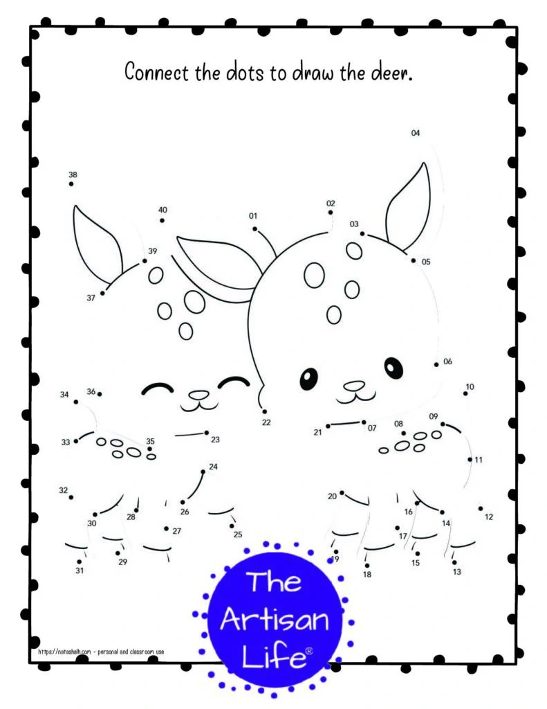 A child's dot to dot coloring page for Valentine's Day with a doodle frame and two cute deer