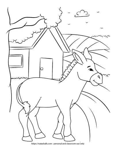 A preview of a farm coloring page with a donkey standing near a barn