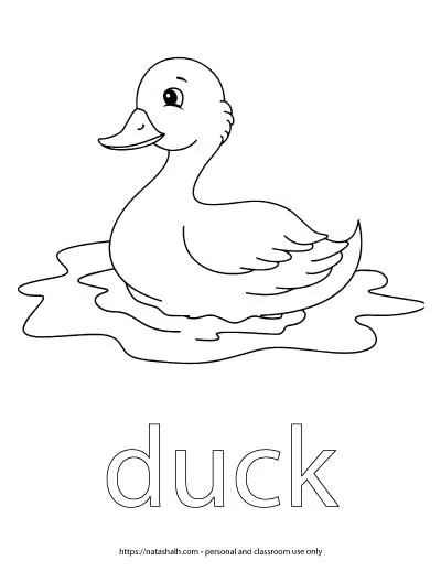 A child's coloring page with an image of a duck floating in water and the word "duck" in bubble letters to color
