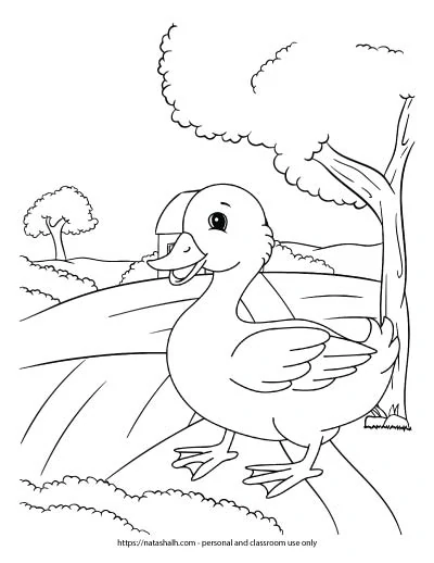 A kid's coloring page with a duck walking by a path next to trees