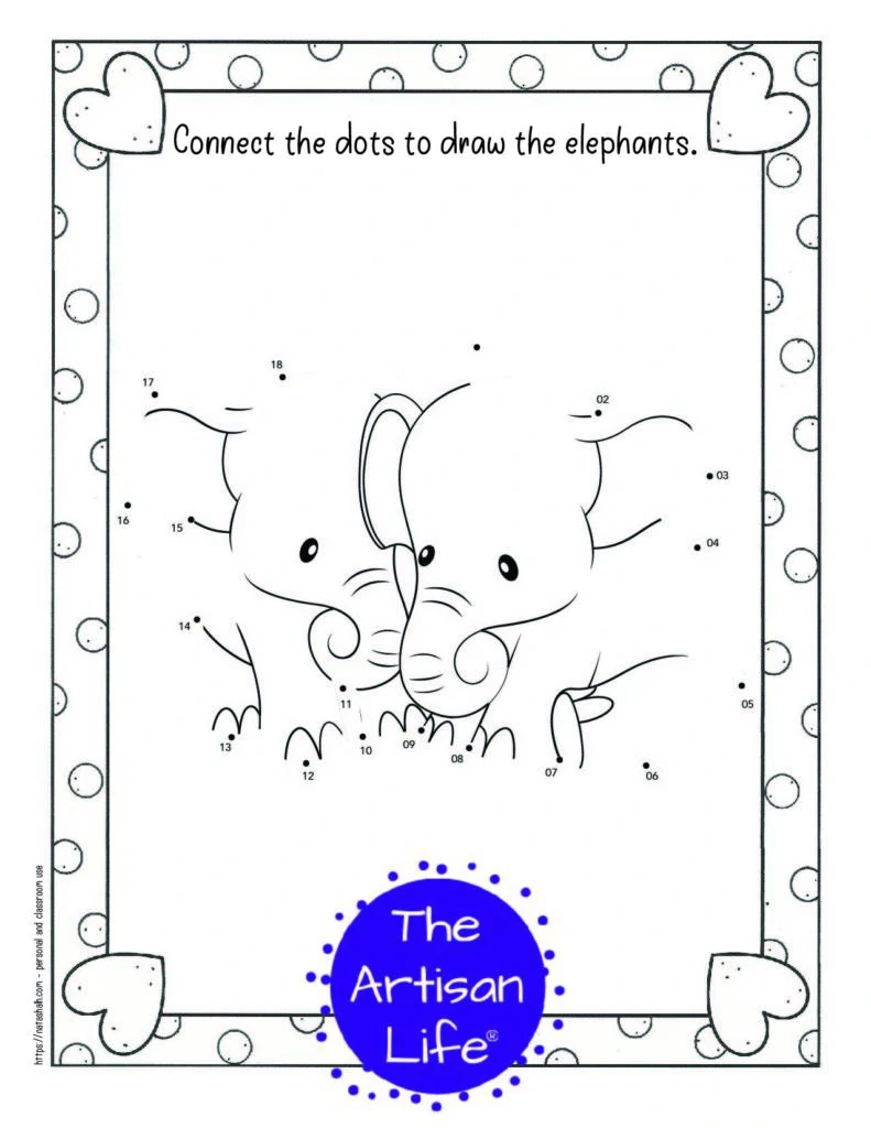 A child's dot to dot coloring page for Valentine's Day with a doodle frame and two cute elephants