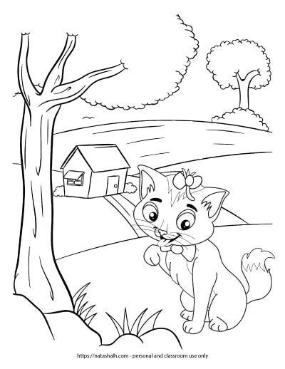 A coloring page with a cat wearing a bow licking its paw in front of a farmhouse