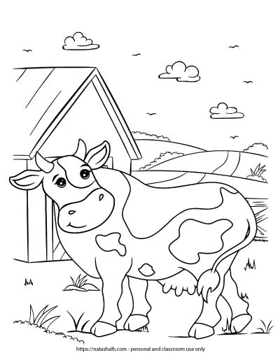 A preview of a farm coloring page with a cow standing in front of a barn
