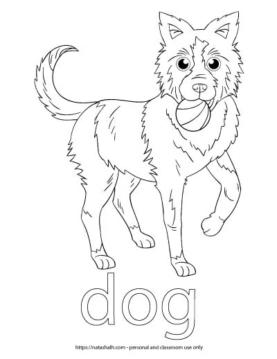 A child's coloring page with an image of a dog with a ball in its mouth and the word "dog" in bubble letters to color