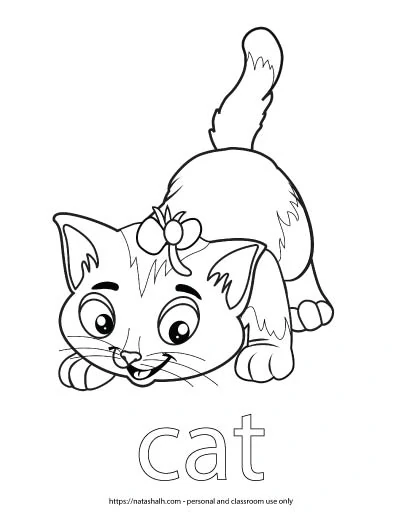 A child's coloring page with an image of a cat ready to pounce and the word "cat" in bubble letters to color