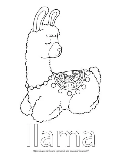 A child's coloring page with an image of a llama lying down and the word "llama" in bubble letters to color