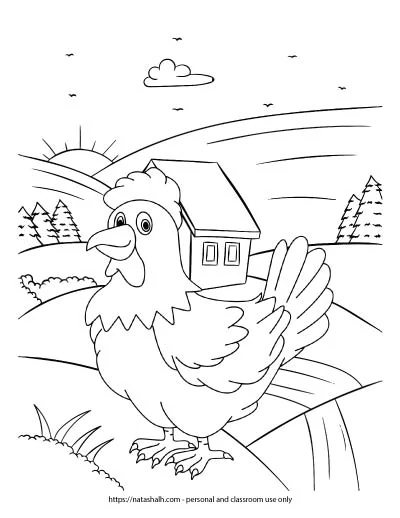 A children's coloring page with a rooster standing in a farmhand at sunrise