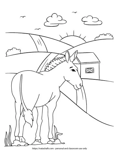 A donkey coloring page. The donkey is standing on a hill. Roads lead over the hill to the sunrise. 