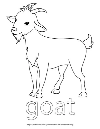 A child's coloring page with an image of a goat and the word "goat" in bubble letters to color