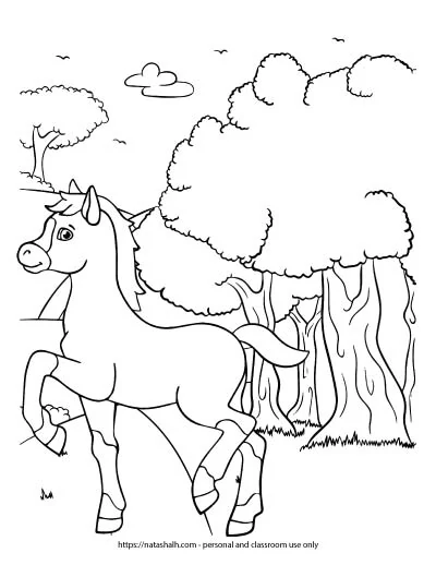horse walking by woods coloring page for children