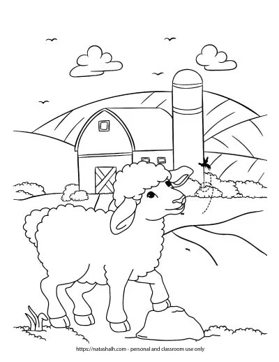 A coloring page with a lamb standing in a field looking at a butterfly. A barn with a silo is visible in the background.