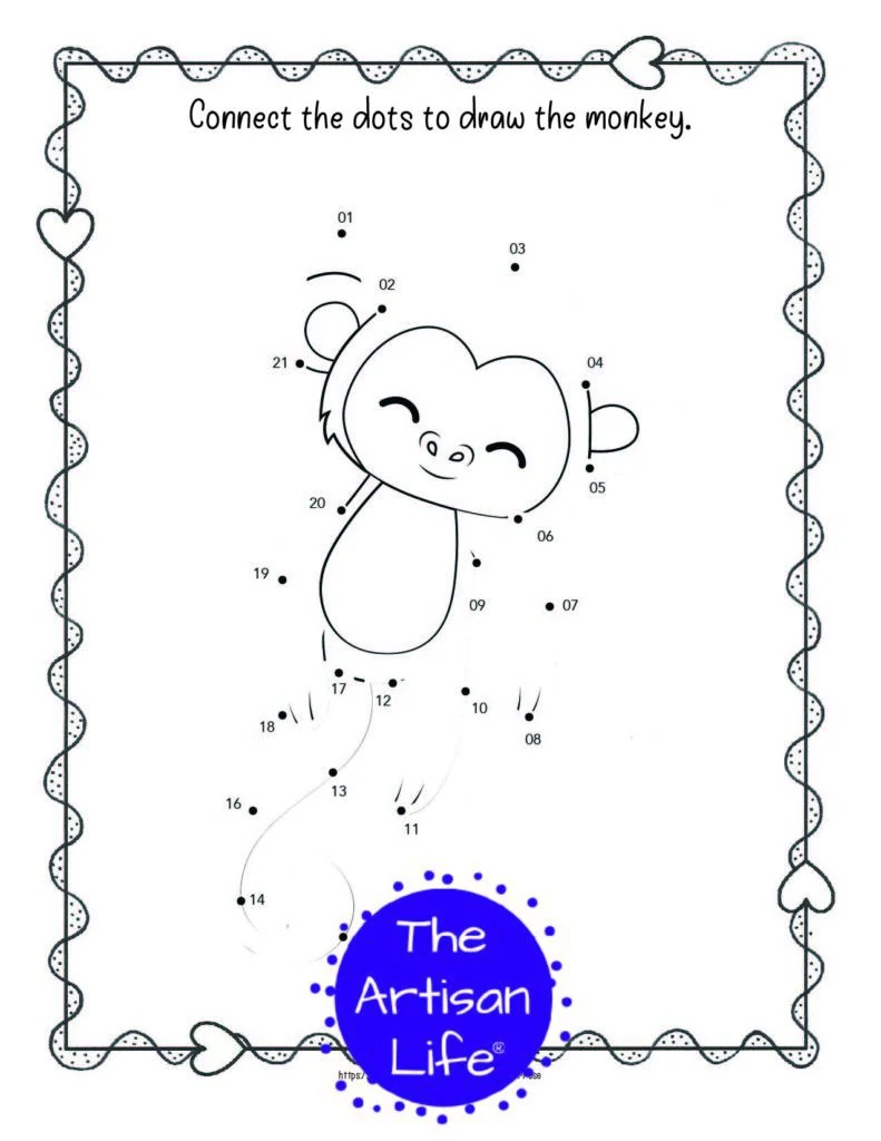 A child's dot to dot coloring page for Valentine's Day with a doodle frame and a cute monkey